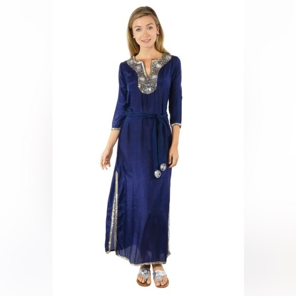 Gretchen Scott Designs Dresses & Skirts - GRETCHEN SCOTT Silk Beaded Midi/Maxi Dress with Sash ✨ Starry Night Size M ✨